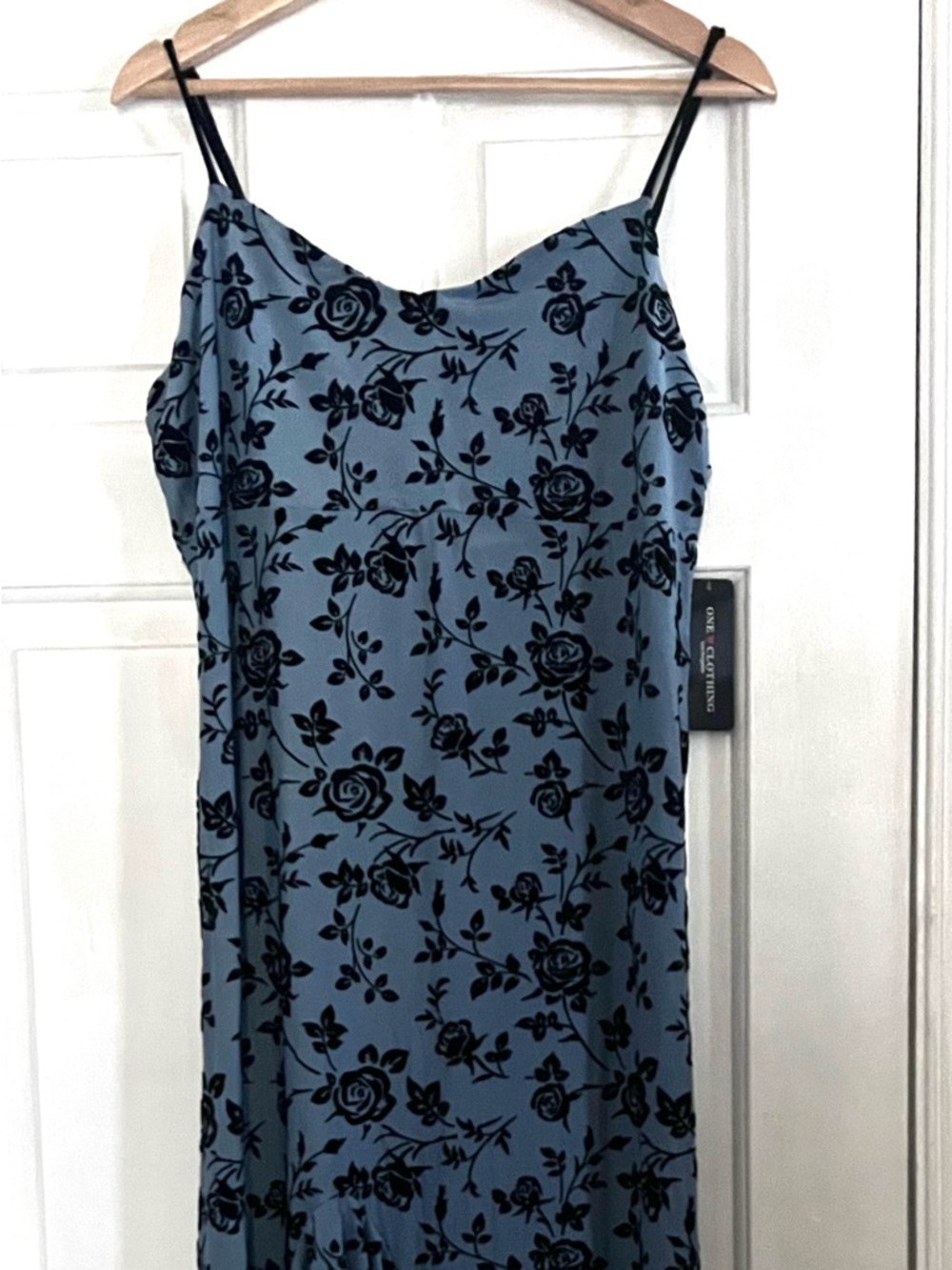 Blue Floral Velvet Burnout Asymmetric Dress